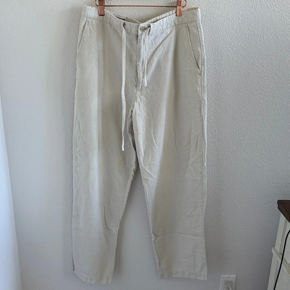 Reunion Linen Cotton Cream Pants Straight Leg Zipper + Drawstring Waist Large